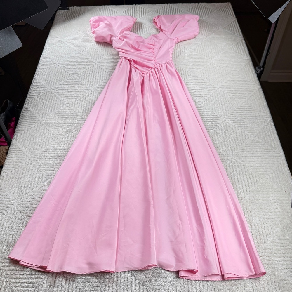 Vintage Union Gown Women's 9/10 Pink Satin Puff Sleeve Ruched Prom Dress 80s